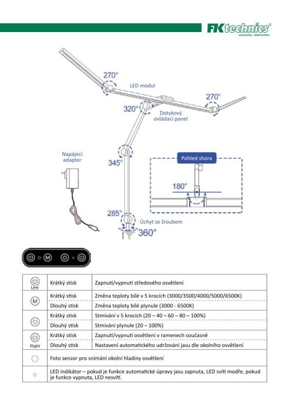 LED stolná pracovná lampa, 36 W, 3000 - 6500 K, stmievateľná