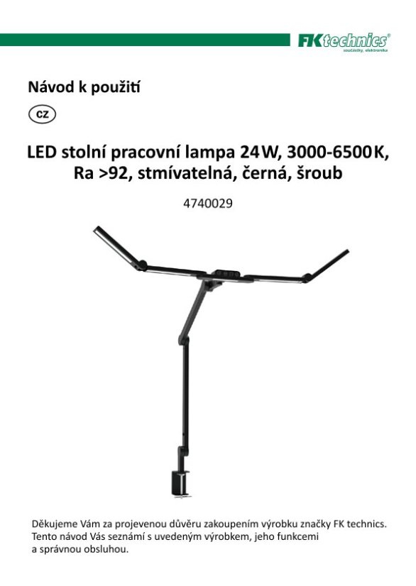 LED stolní pracovní lampa, 24 W, 3000 - 6500 K, stmívatelná