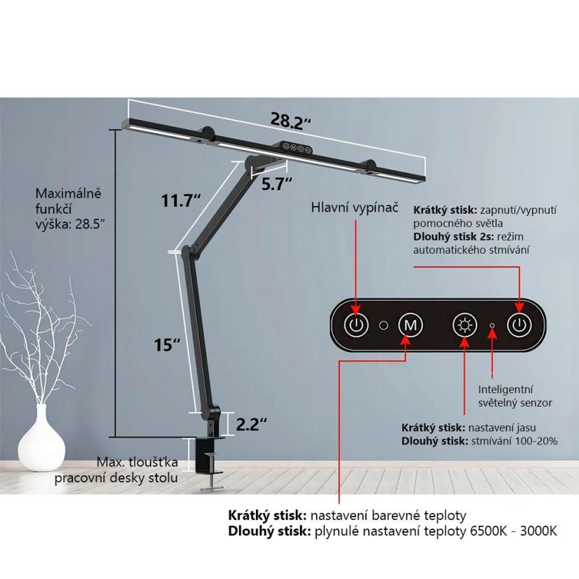 LED stolní pracovní lampa, stmívatelná, 24 W, 3000 - 6500 K