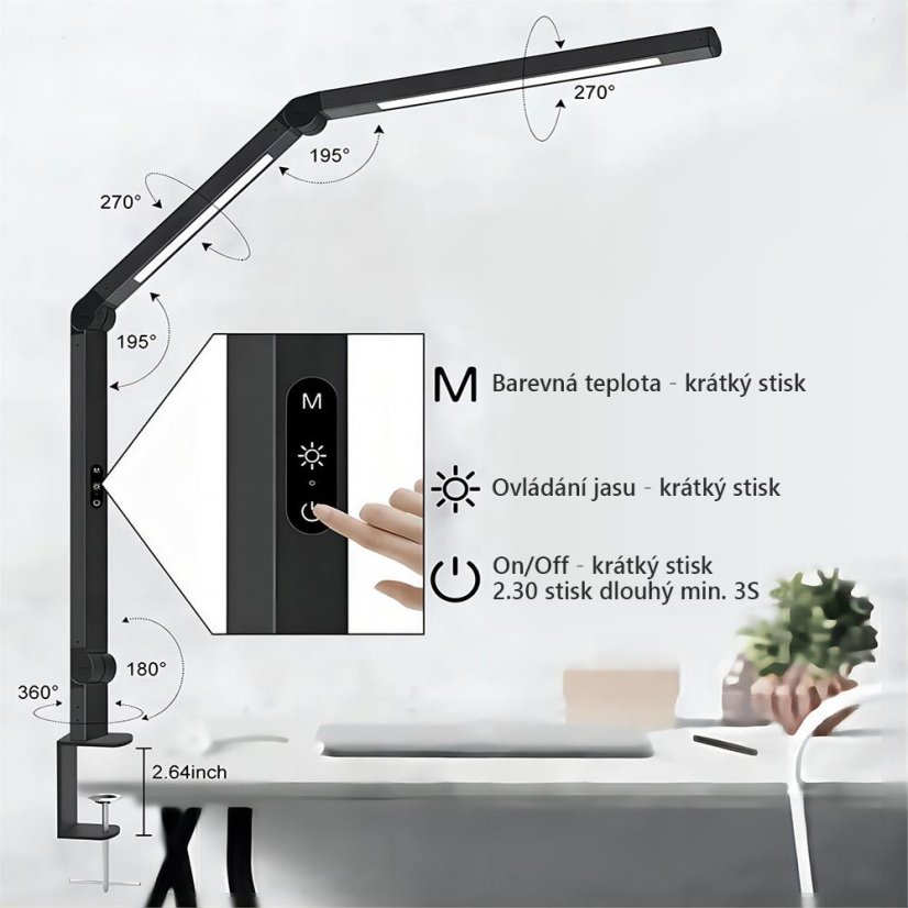 LED stolní pracovní lampa, stmívatelná, 12 W, 3000 - 6500 K
