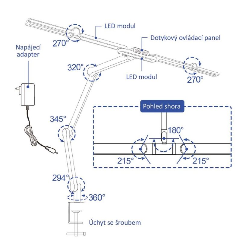 LED stolní pracovní lampa, 24 W, 3000 - 6500 K, stmívatelná