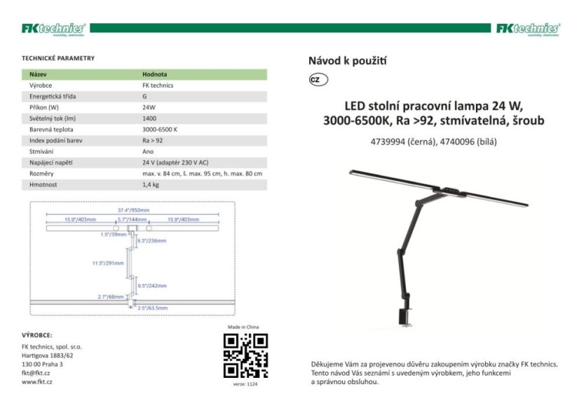 Stolní lampa, 24W, 3000 - 6500 K, stmívatelná