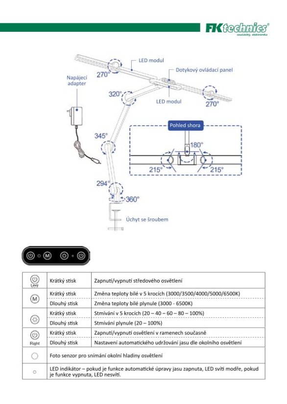 LED stolní pracovní lampa, 24 W, 3000 - 6500 K, stmívatelná