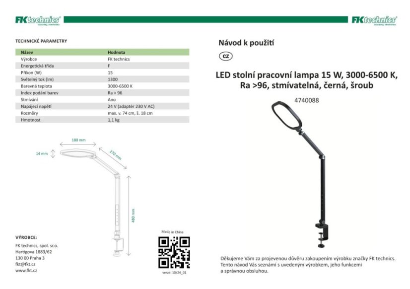 Stolní lampa, 15W, 3000 - 6500 K, stmívatelná