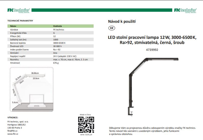 LED stolní pracovní lampa, stmívatelná, 12 W, 3000 - 6500 K
