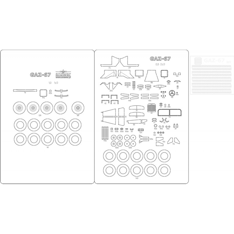 Gaz-67B - Laserové doplňky - kostra, detaily, dezény, díly kol