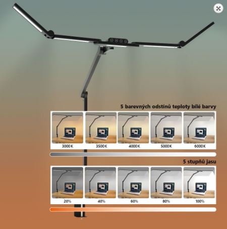 LED stolní pracovní lampa, 24 W, 3000 - 6500 K, stmívatelná